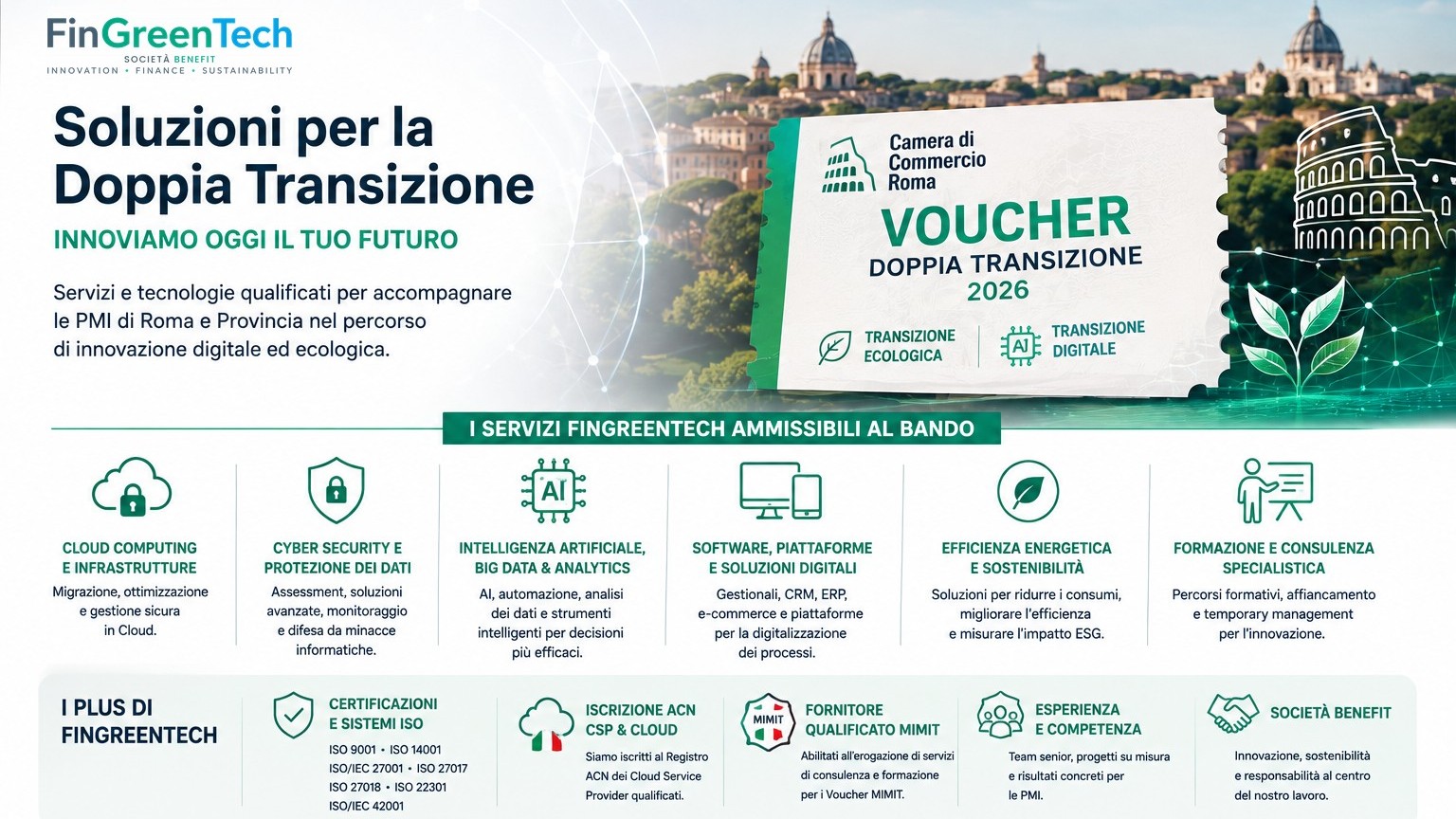 Servizi FinGreenTech ammissibili al Voucher Doppia Transizione 2026: cloud computing, cyber security, intelligenza artificiale, software e piattaforme, efficienza energetica, formazione