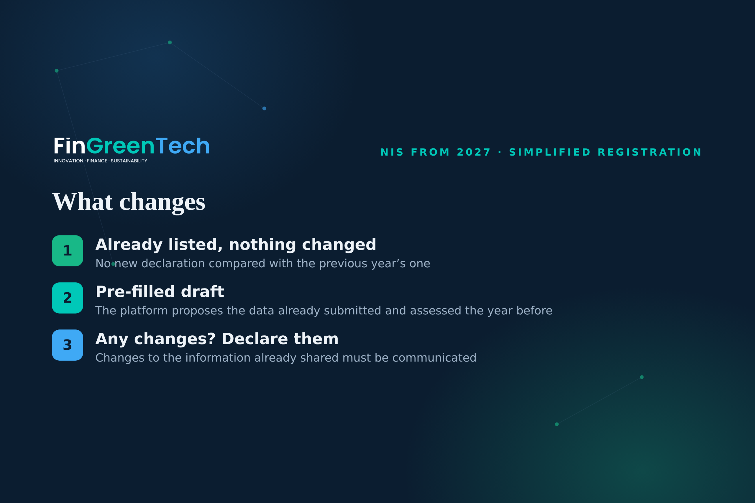 What changes with NIS registration in 2027: already listed with no changes, pre-filled draft, changes to declare